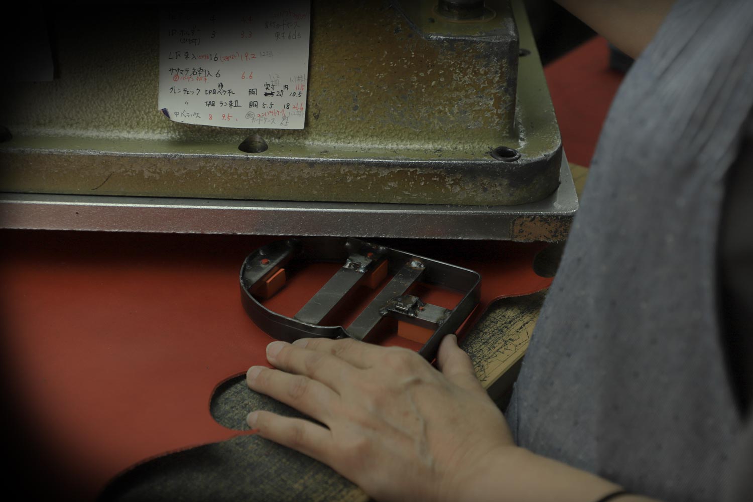 プレス機を使用し、革を型を抜いている様子